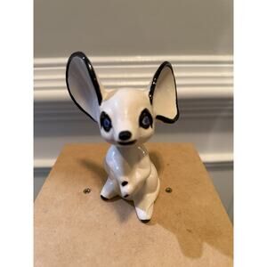 Vintage Ceramic Mouse Figurine White Blue Eyes Big Ears Hand Painted
